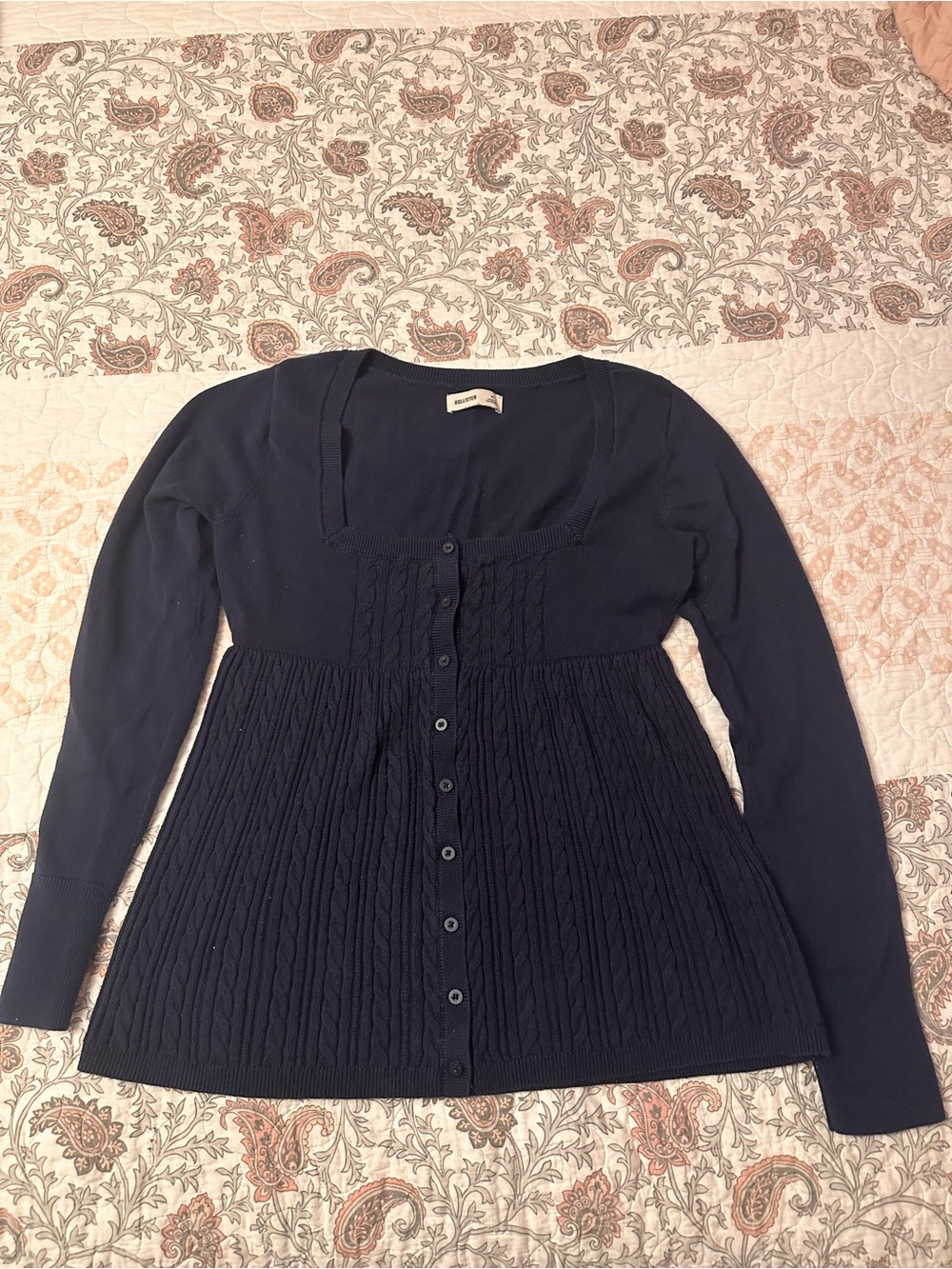 Hollister Navy Cable-Knit Button Front Babydoll Sweater